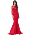 Goddiva lang rød kjole med gennemsigtig ryg