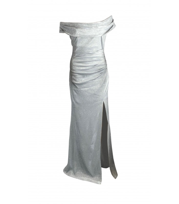 Goddiva sølvfarvet offshoulder kjole